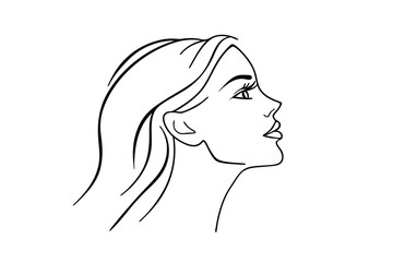 Elegant Woman Profile Drawing, Line Art, Minimalist, Black and White, Female Face, Side View, Long H