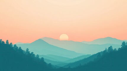 Minimalist silhouette of a sun setting behind rolling mountains at twilight in a serene landscape