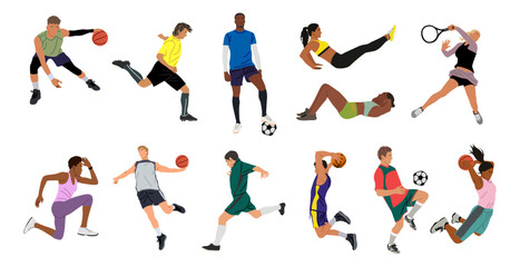 Collection of different men and women performing various sports activities. Set of training, exercising people isolated on white background. Vector realistic illustrations in cartoon style.