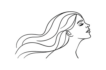 Elegant Woman Profile, Long Hair, Line Art, Minimalist Drawing, Female Beauty