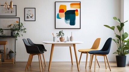 Modern dining room with abstract art and plants.