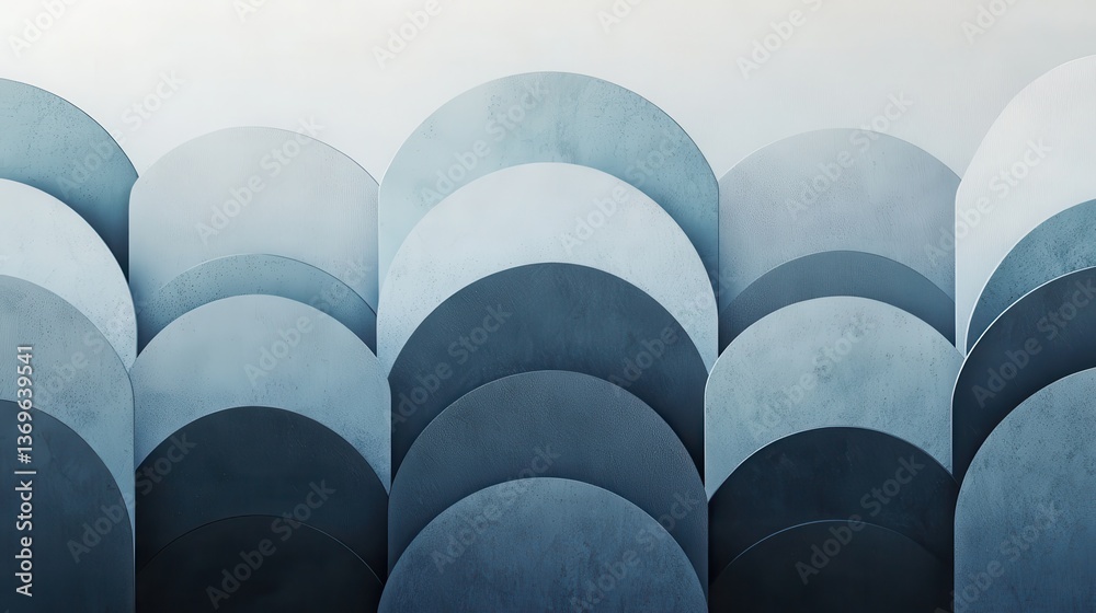 Poster Minimalist pencil strokes create a soothing gradient with overlapping circles in calm shades of blue and gray
