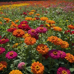 A meadow of bright zinnias creating a colorful carpet of flowers.