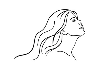 Elegant Woman Profile Line Art Drawing, Long Hair, Upward Gaze