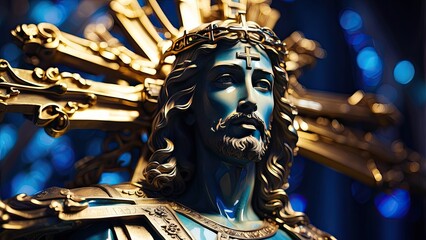 A graphic representation for Good Friday featuring a silhouette of Jesus on the cross against a golden sun rising or setting in the background.