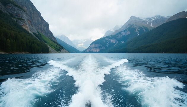 Boat wake rippling through serene mountain lake, tranquil nature escape