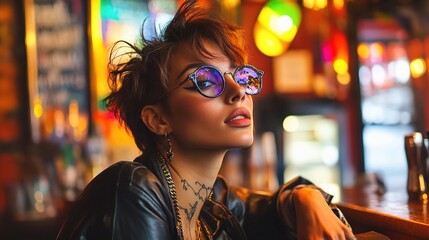Obraz premium Young Stylish Queer Person Relaxing Inside Trendy Bar Atmosphere