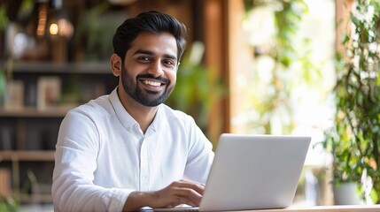 Fototapeta premium Smiling Indian Businessman Working on Laptop in Modern Office Space