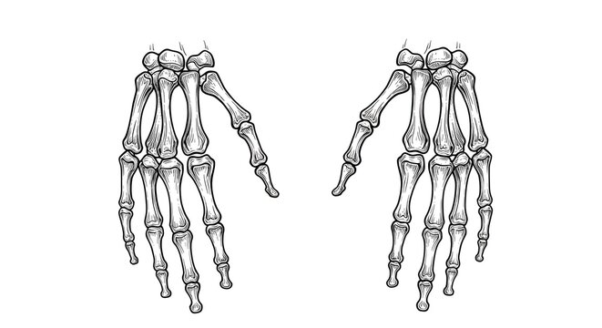Detailed black and white human skeleton hands with realistic bone structure.