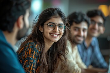 Fototapeta premium Smiling woman amidst group of cheerful colleagues in casual setting