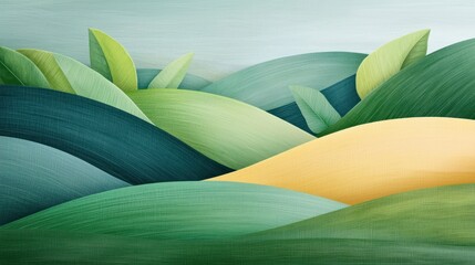 Obraz premium Abstract landscape with rolling hills and leaves, pastel colors