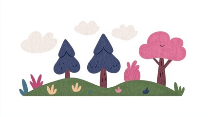 Whimsical Pastel Landscape Illustration with Stylized Trees and Clouds