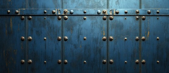 Fototapeta premium A blue metal wall with rivets, a textured background, and ultra-realistic photography.