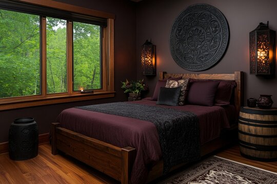 A gothic-inspired Bohemian bedroom, with deep red velvet, dark floral patterns, and antique furniture