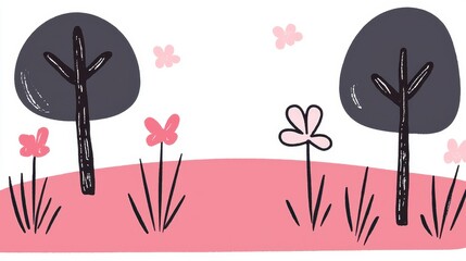 Whimsical Pink and Gray Landscape Illustration