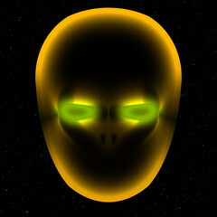 A glowing neon alien face depicted in a minimalistic style on a black background