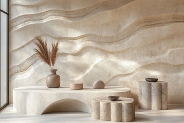 Serene Minimalist Interior Design Beige Textured Wall Organic Forms and Natural Decor
