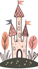 Obraz premium Whimsical Pink Castle Illustration with Stylized Trees