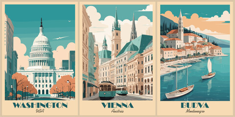 Set of Travel Destination Posters in retro style. Washington, Vienna, Budva digital prints. Exotic summer vacation, holidays concept. Vintage vector colorful illustrations.