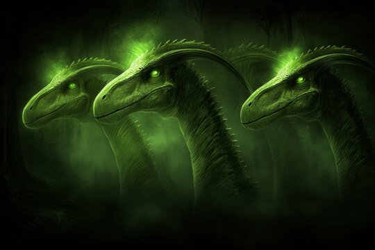 A herd of Parasaurolophus moving through a misty swamp, their distinctive crests glowing in the dawn light