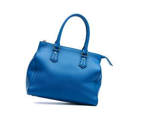 A stylish blue leather handbag with handles, isolated on a white background, perfect for fashion and e-commerce. Generative AI