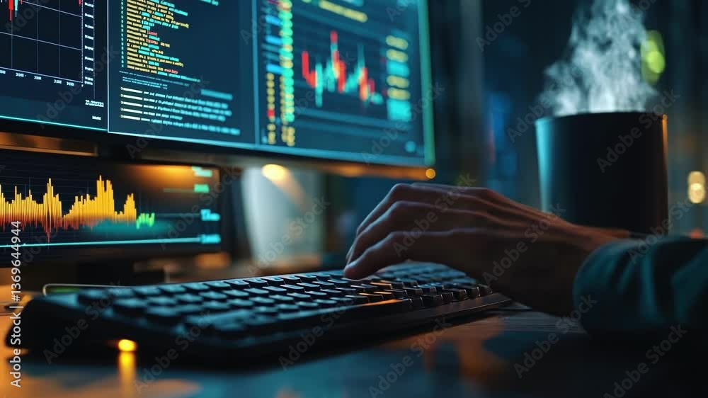 Poster close up of programmer's hands typing on a keyboard, analyzing financial data and code on multiple s