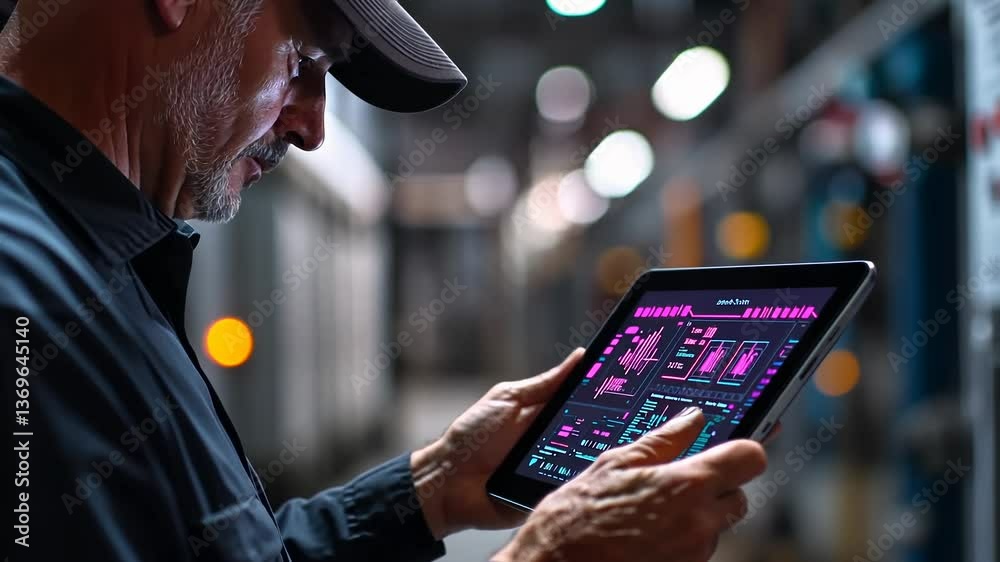 Poster Focused operator uses a tablet to manage complex machinery in a low-light industrial setting. The vibrant screen displays crucial data and controls during operation.