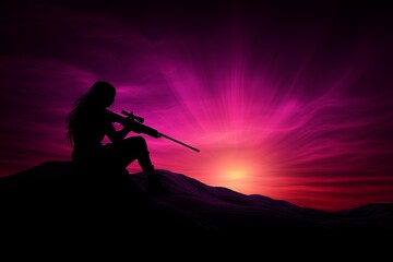 A lone sniper kneeling on a ridge, overlooking a vast battlefield in a minimalist style