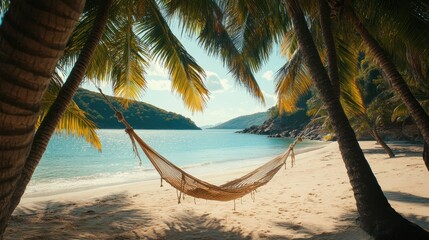 Hammock strung between palms on a white sand tropical beach, ocean view. Great for travel, tourism, or vacation themed marketing material.