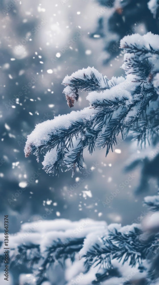 Aufkleber winter landscape featuring snow-covered pine branches in a serene atmosphere with soft snowfall and 