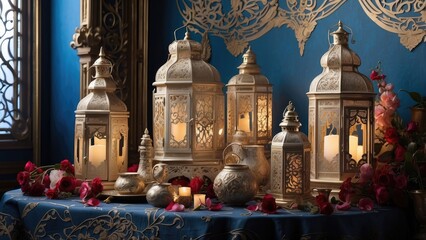 Obraz premium A beautifully arranged tabletop scene featuring ornate lanterns with intricate patterns,