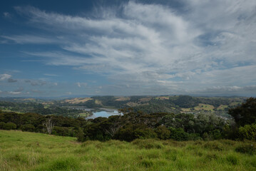 Elevated view of the countryside overlooking the Puhoi River at Wenderholm Regional Park, Auckland, New Zealand.