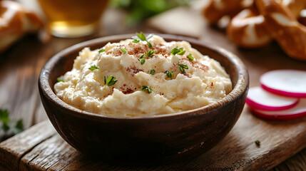 Creamy Bavarian Cheese Spread with Fresh Herbs Served in Rustic Wooden Bowl and Accompanied by Pretzels