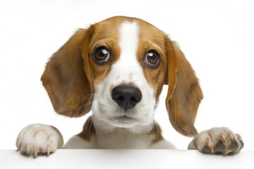 Adorable Beagle Puppy with Big Curious Eyes Looking Over White Surface