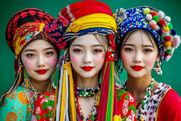 Obraz premium A group of three women dressed in colorful headdresses posing for a picture
