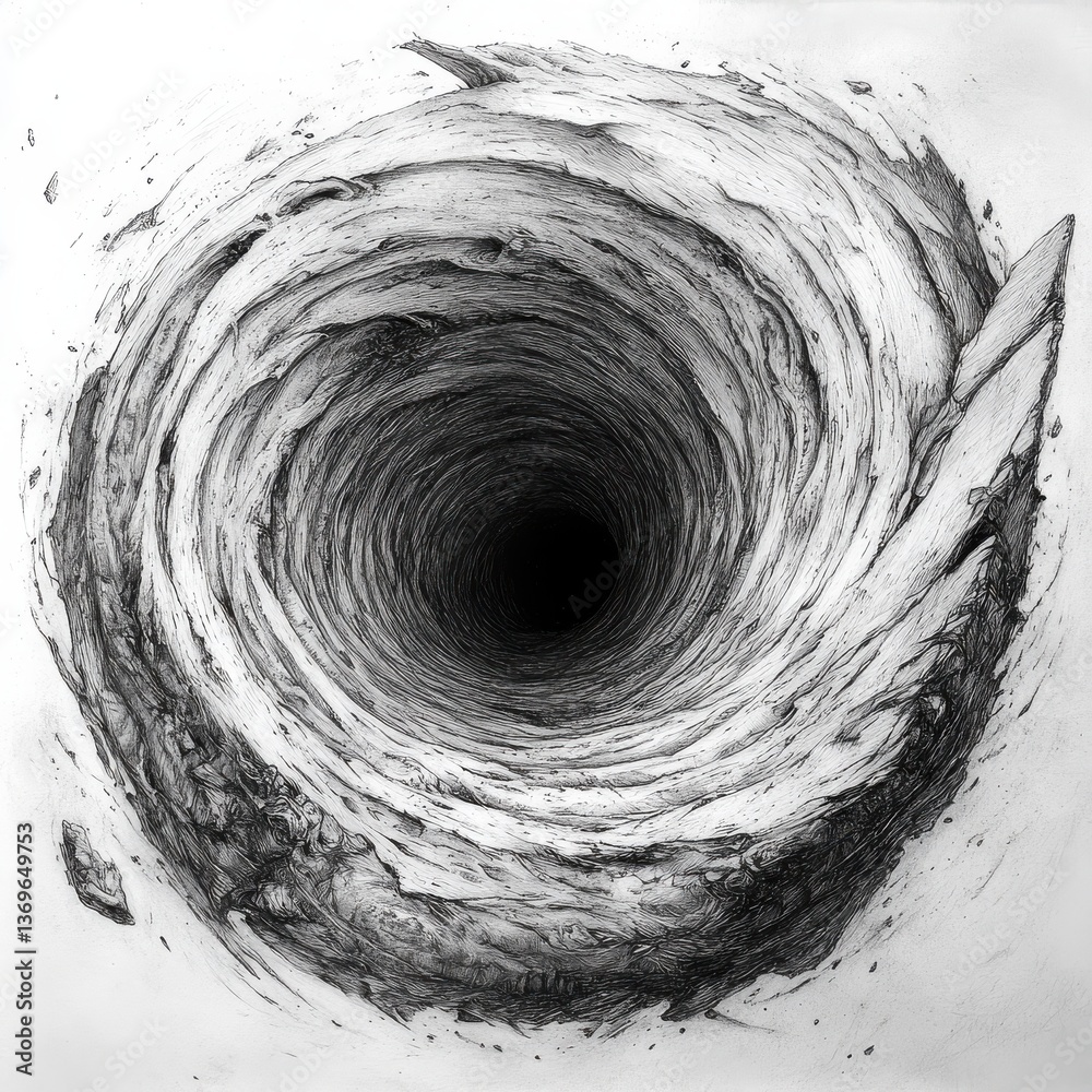 Aufkleber Swirling vortex illustrating a wormhole with intricate details in a dark void at the center