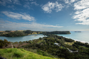 Elevated view of the mouth of the Puhoi River at Wenderholm Regional Park, Auckland, New Zealand.