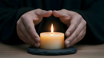 Close Up of Hands Protecting a Lit Yellow Candle on Dark Wooden Table