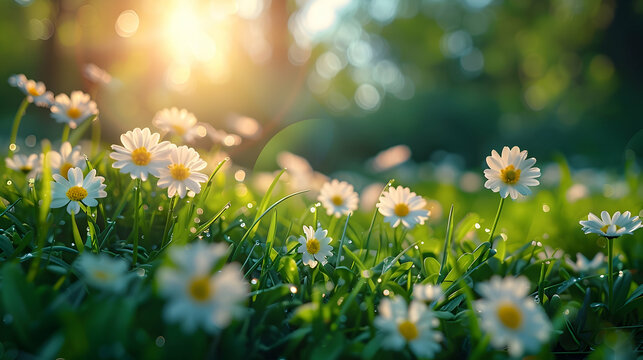 Blooming Daisies in Meadow with Warm Sunlight and Dewdrops - Powered by Adobe