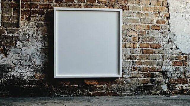 Blank Square Frame Mockup Hanging on Distressed Brick Wall Background in Studio
