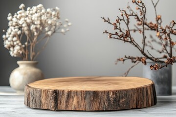 Rustic Wooden Slice Display Stand Natural Dried Flowers Minimalist Still Life Photography