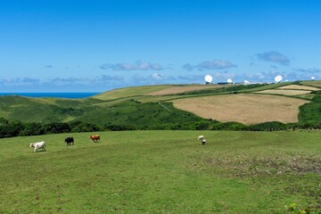 Bude England - 17 June 2024 - Cornwall countryside with the satellite dishes of GCHQ CSO Station -...