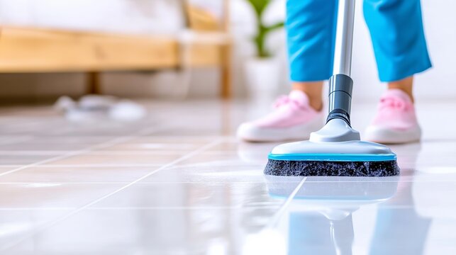 Close-up view of a rotary brush mop cleaning shiny tiled flooring. The pink shoes and soft light create a homey feel while showcasing effective home sanitation practices - Powered by Adobe
