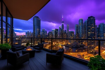 Obraz premium A rooftop view of Manhattan skyline at sunset, with warm hues blending into the city lights