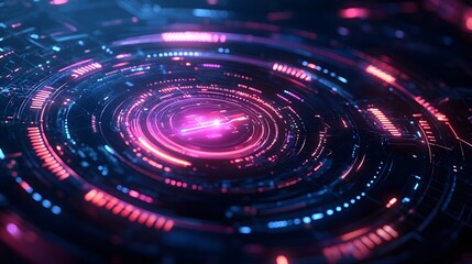 Obraz premium Holographic floating interface with circular elements on dark technology background