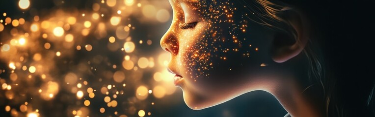 Obraz premium Serene visualization of a child's face illuminated by sparkling light in a tranquil environment