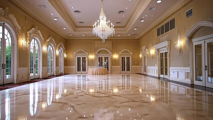 Elegant ballroom interior with marble floor and crystal chandelier perfect for events - Powered by Adobe