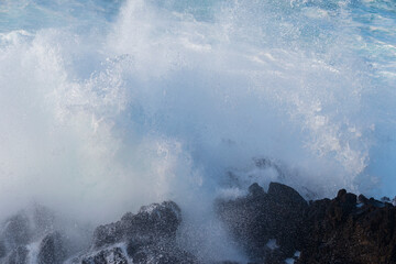 Powerful storm waves in Porto Moniz, on the Madeira Atlantic coastline, Portugal