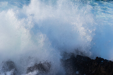 Powerful storm waves in Porto Moniz, on the Madeira Atlantic coastline, Portugal