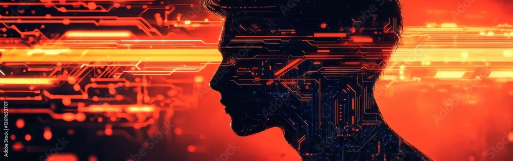 Poster Portrait of a man surrounded by glowing circuitry in a dimly lit environment highlighting technological concepts